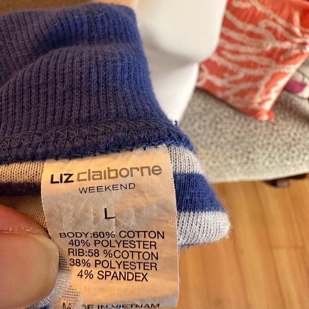 Liz Claiborne Blue Open Front Cardigan weekend royal blue stripes long cozy sz L - Picture 14 of 15
